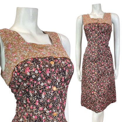 VINTAGE 60s 70s BLACK BROWN PINK DITSY FLOWER PINAFORE PINNY SUMMER DRESS 10 12