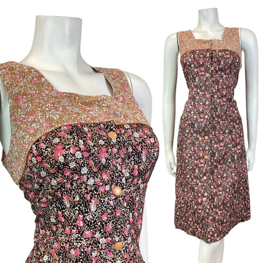 VINTAGE 60s 70s BLACK BROWN PINK DITSY FLOWER PINAFORE PINNY SUMMER DRESS 10 12