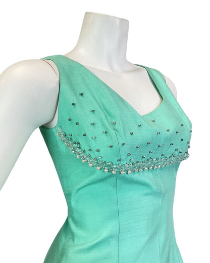 VTG 60s 70s MINT GREEN BEADED EMPIRE LINE REGENCY SLEEVELESS MAXI DRESS 8 10