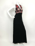 VTG 60s 70s BLACK RED WHITE SEQUIN DAISY FLOWER SHEER HALTER MAXI DRESS 6