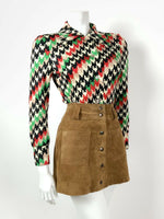 VINTAGE 60s 70s BLACK WHITE GREEN RED HOUNDSTOOTH STRIPED MOD DAGGER SHIRT 10 12