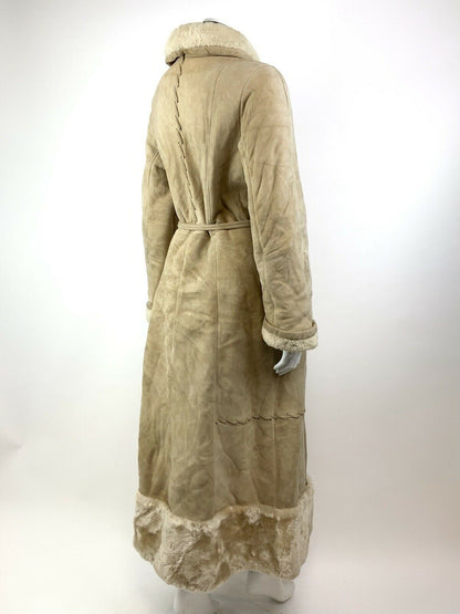 VINTAGE 60s 70s SAND CREAM SUEDE LEATHER SHEARLING BOHO FOLK PRINCESS COAT 10 12