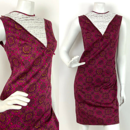 VTG 60s 70s PURPLE PINK BLACK GOLD ARABESQUE FLORAL WHITE LACE SHIFT DRESS 10