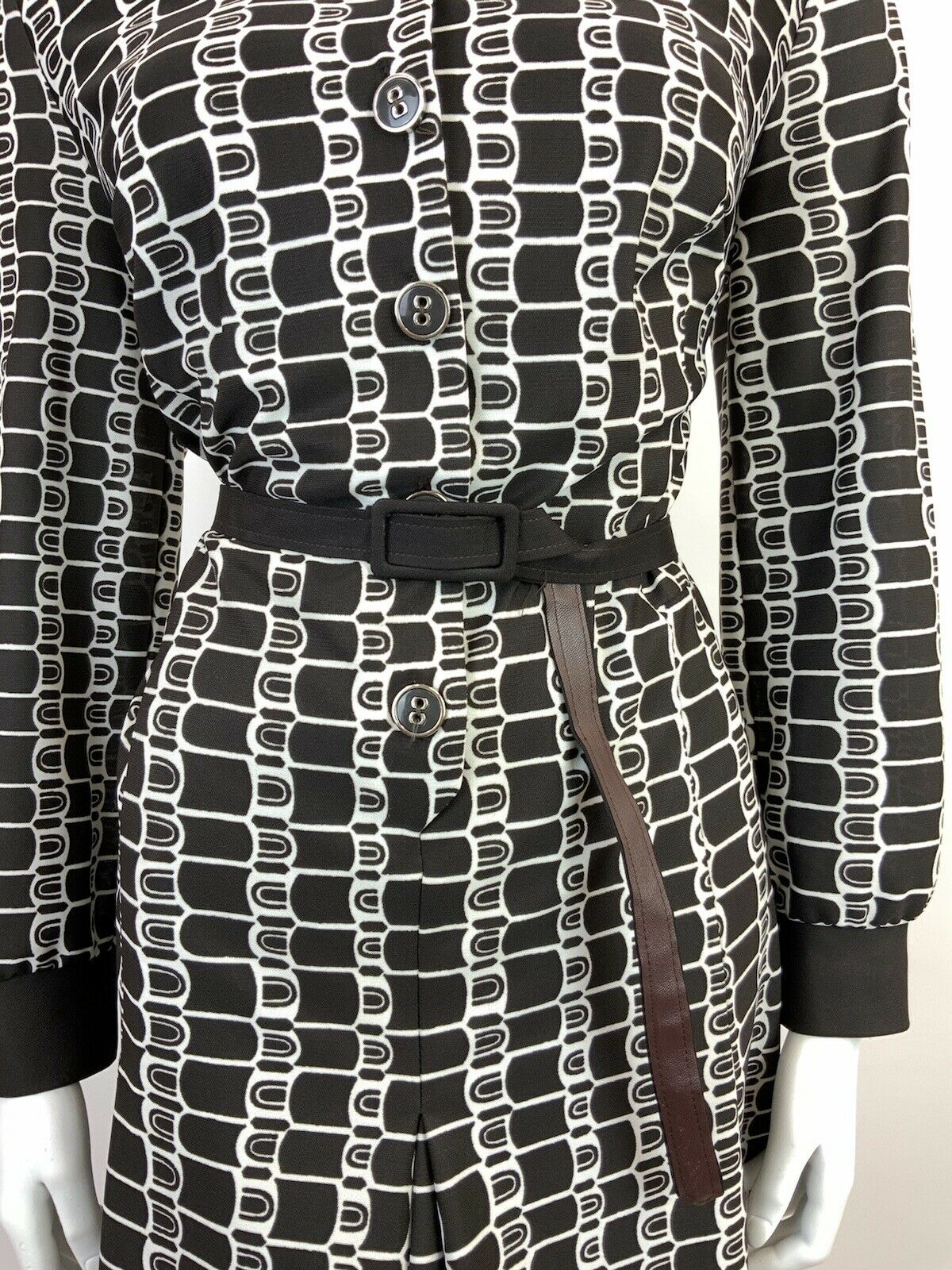 VINTAGE 60s 70s DARK BROWN WHITE GEOMETRIC BELTED SHIRT MIDI DRESS 14 16