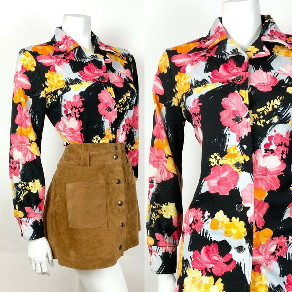 VINTAGE 60s 70s BLACK PINK ORANGE GREY FLORAL DAGGER COLLAR SHIRT BLOUSE 12 14