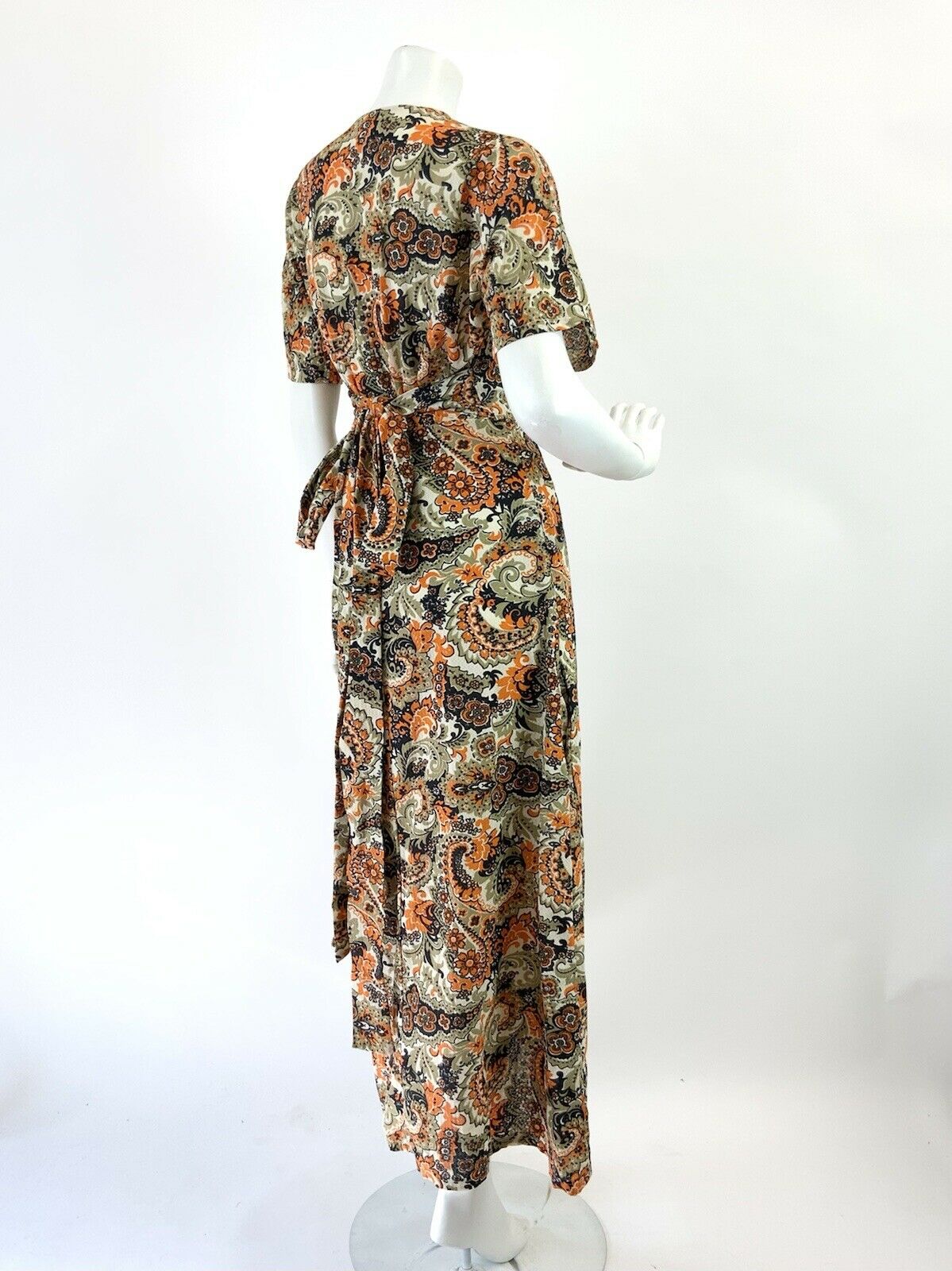 VTG 60s 70s BEIGE BLUE ORANGE PSYCHEDELIC FLORAL PAISLEY WRAP MAXI DRESS 10 12