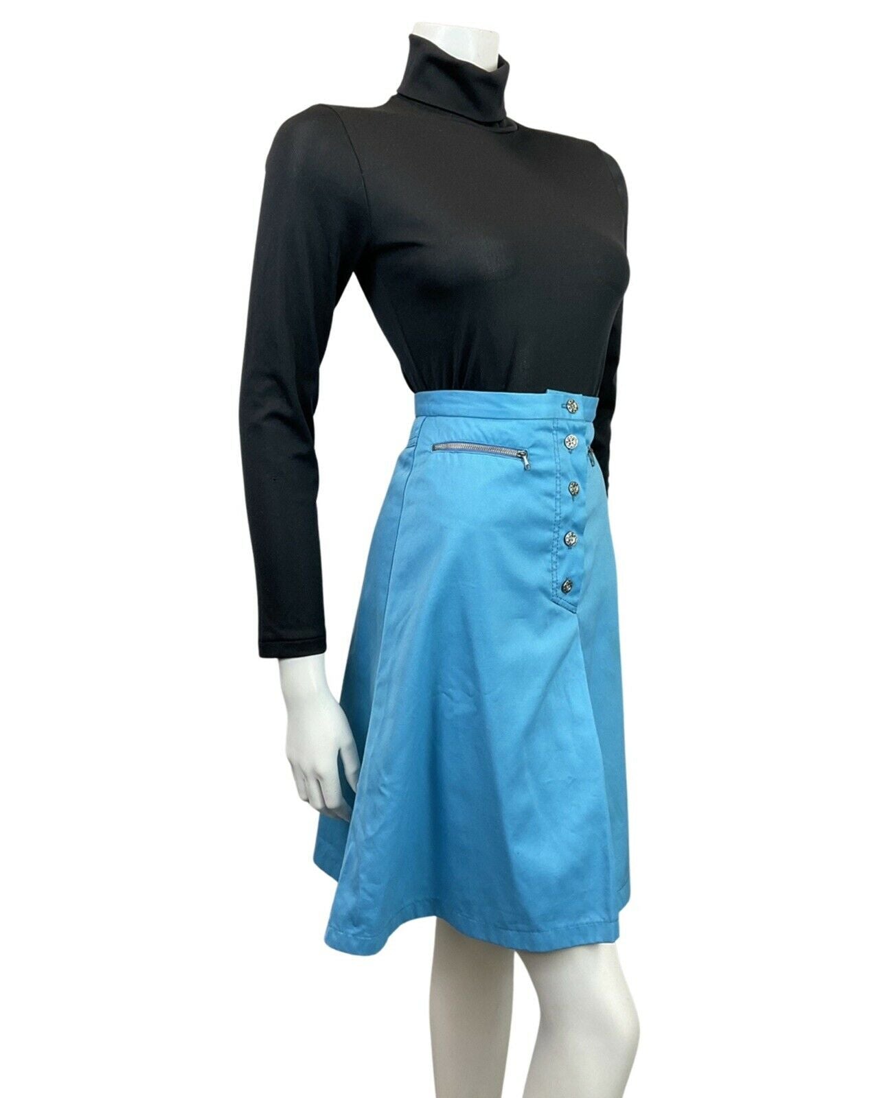 VINTAGE 60s 70s BRIGHT BLUE SILVER ZIPPER MOD MINI SHORT SKIRT 4