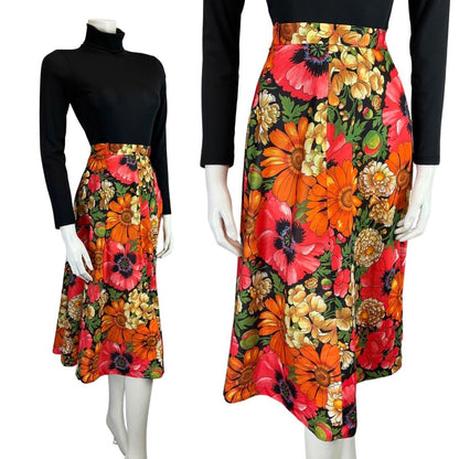 VINTAGE 60s 70s ORANGE PINK GREEN PSYCHEDELIC FLORAL POPPY SWING SKIRT 10