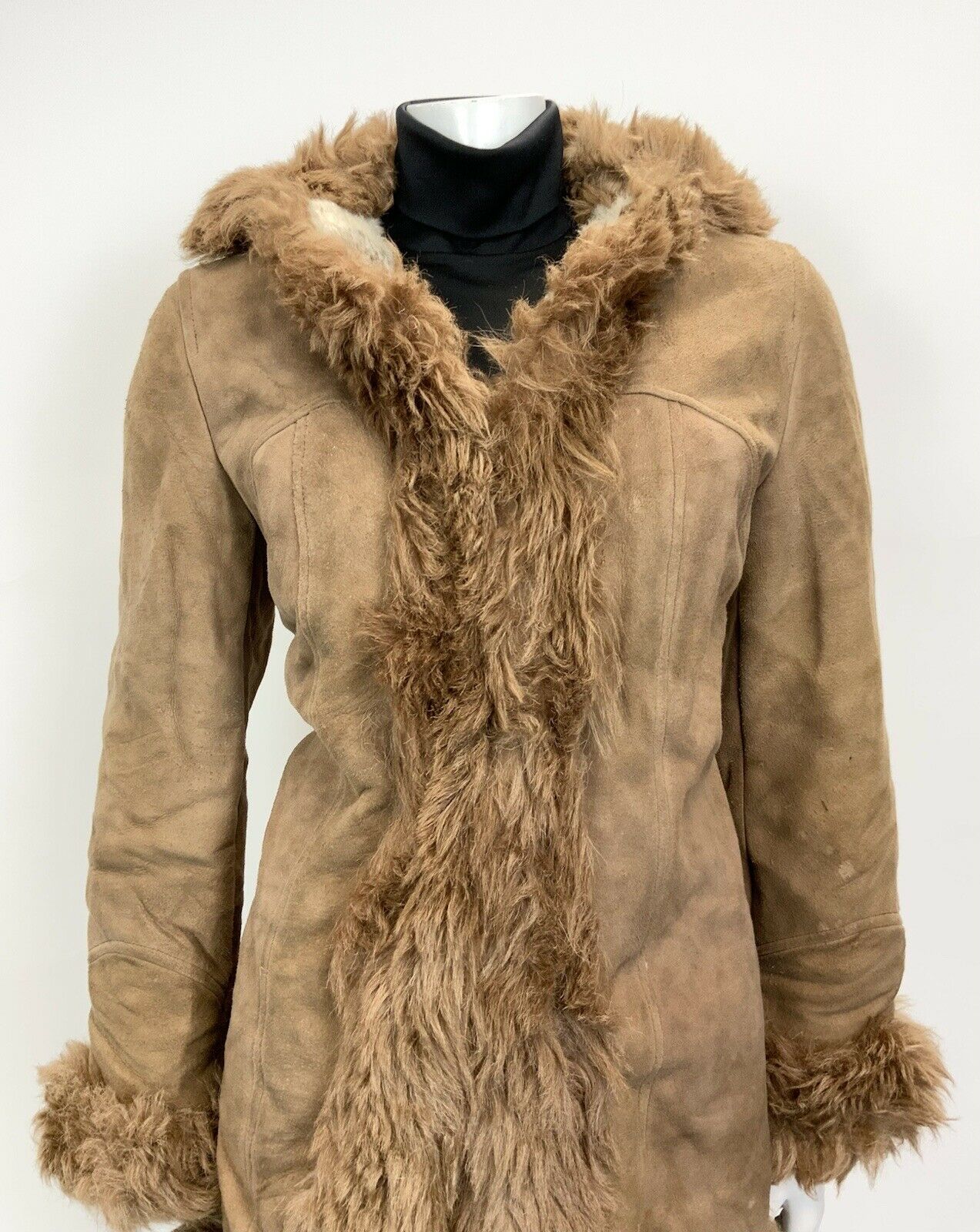 VINTAGE 60s 70s CAMEL BROWN SUEDE LEATHER SHEARLING FUR BOHO SHORT COAT 12 14