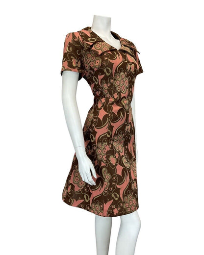 VTG 60s 70s BROWN PINK GOLD PSYCHEDELIC FLORAL MOD WING COLLAR SHIRT DRESS 12 14