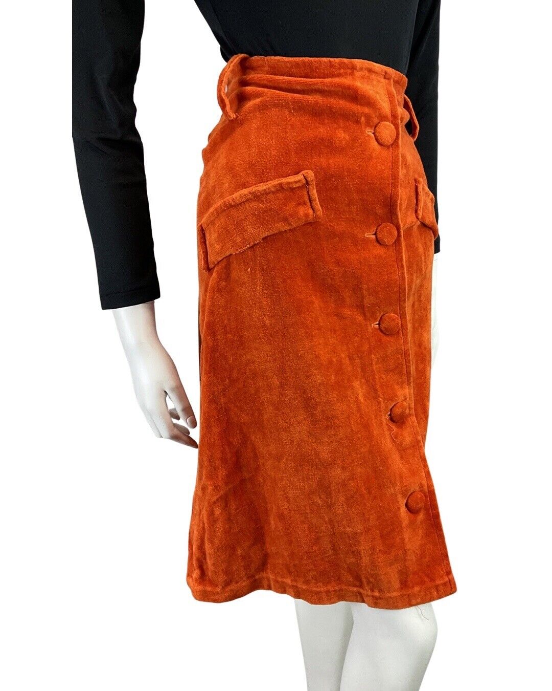 VINTAGE 60s 70s ORANGE VELVET TOWELLING MOD KNEE-LENGTH SKIRT 8