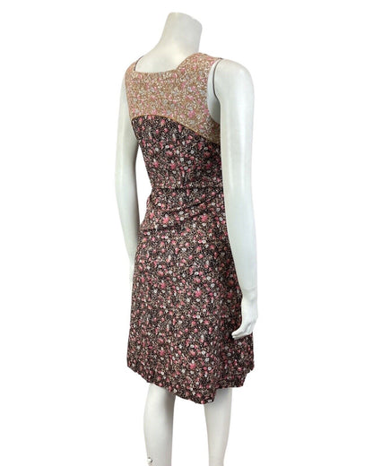 VINTAGE 60s 70s BLACK BROWN PINK DITSY FLOWER PINAFORE PINNY SUMMER DRESS 10 12