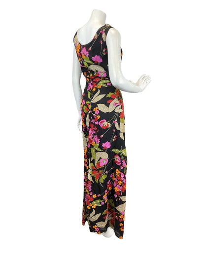 VINTAGE 60s 70s BLACK ORANGE RED FLORAL PSYCHEDELIC SLEEVELESS MAXI DRESS 12 14