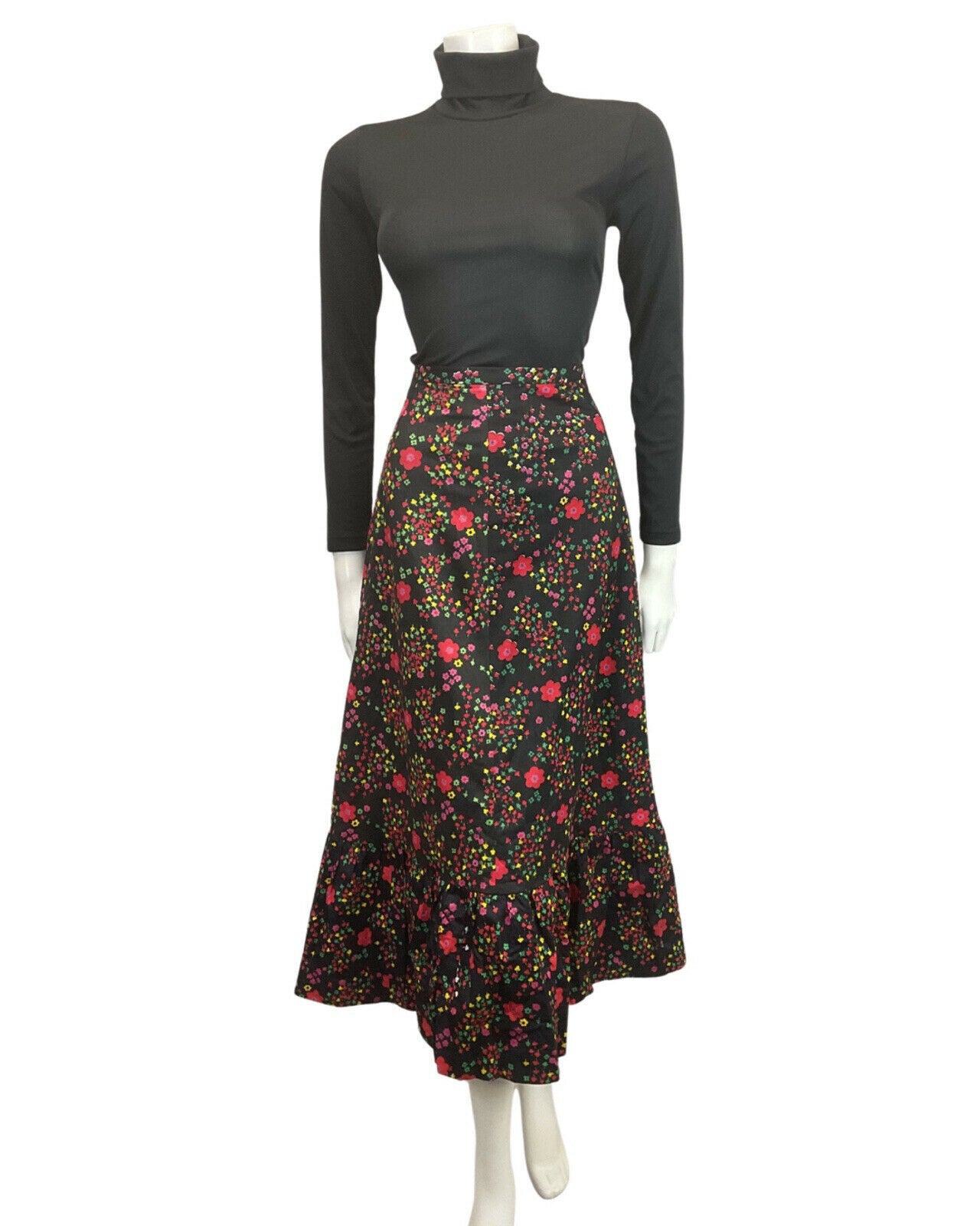 VINTAGE 60s 70s BLACK RED PINK GREEN FLORAL DAISY MOD BOHO MAXI SKIRT 8