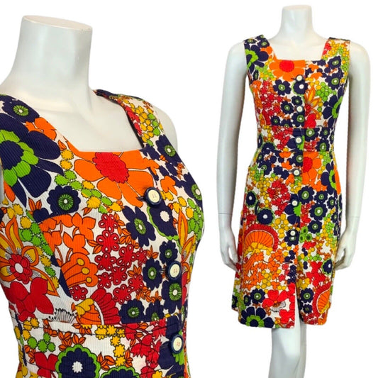 VTG 60s 70s ORANGE NAVY BLUE RED YELLOW PSYCHEDELIC FLOWER PRINT DRESS 10 12