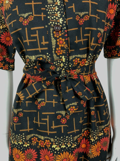 VINTAGE 60s 70s BLACK ORANGE RED BEIGE FLORAL DAISY BELTED SHIRT DRESS 12 14