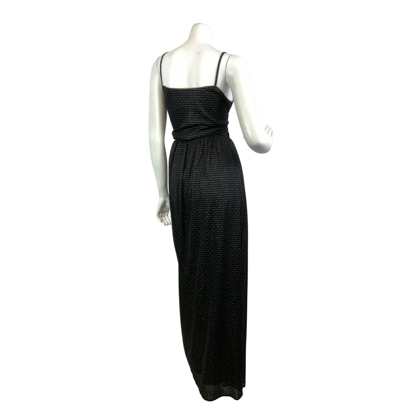 VINTAGE 60s 70s BLACK GOLD STRIPED FLORAL LACE PARTY STRAPPY MAXI DRESS 8 10