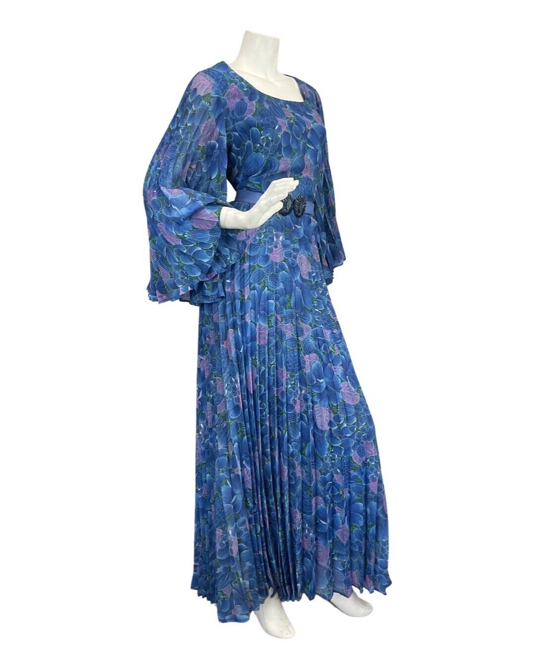 VINTAGE 60s 70s BLUE PURPLE FLORAL LEAFY BOHO MOD PLEATED MAXI DRESS 12 14