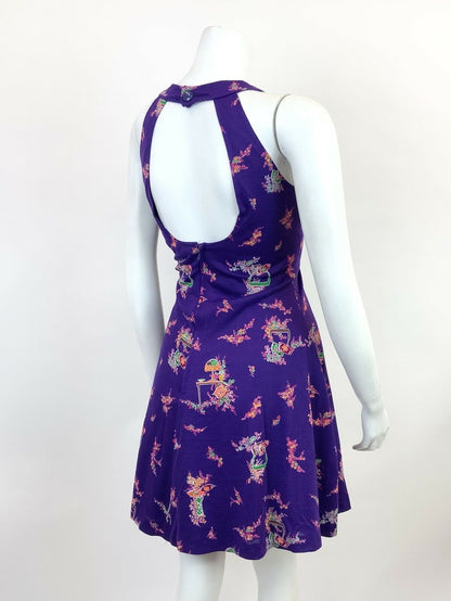 VINTAGE 60s 70s PURPLE ORANGE GREEN FLORAL SLEEVELESS SWING MINI DRESS 10 12