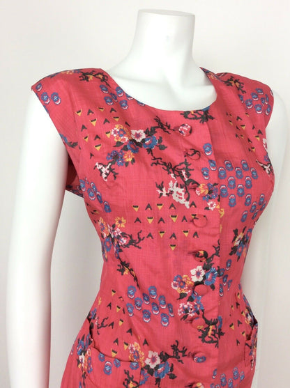 VINTAGE 60s 70s PINK FLORAL WHITE BLUE YELLOW SILK SUMMER DRESS 14