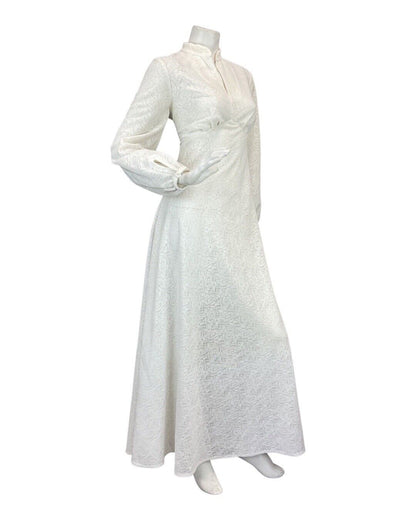 VTG 60s 70s WHITE EMBROIDERED FLORAL SWIRL WEDDING BRIDAL PRAIRIE MAXI DRESS 10