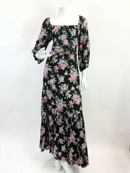 VINTAGE 60s 70s BLACK PINK PURPLE GREEN FLORAL ROSE RUFFLE MAXI DRESS 12