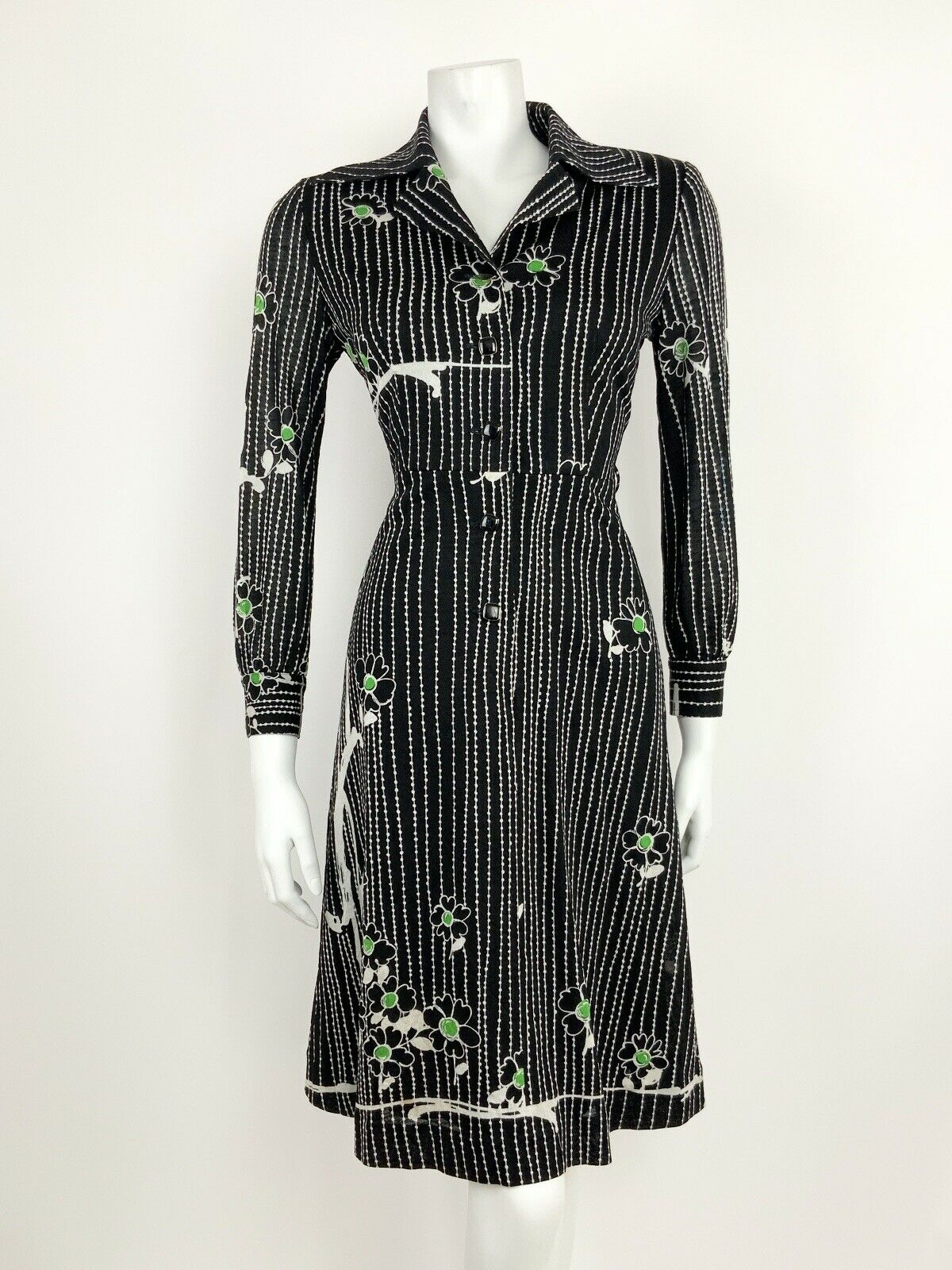 VINTAGE 60s 70s BLACK WHITE GREEN FLORAL DAISY STRIPED SHIRT DRESS 10