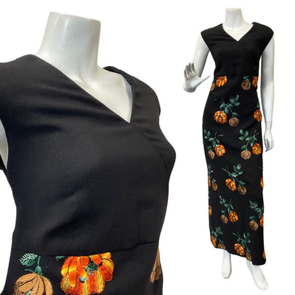 VINTAGE 60s 70s BLACK ORANGE GREEN FLORAL EMBROIDERED SLEEVELESS MAXI DRESS `14