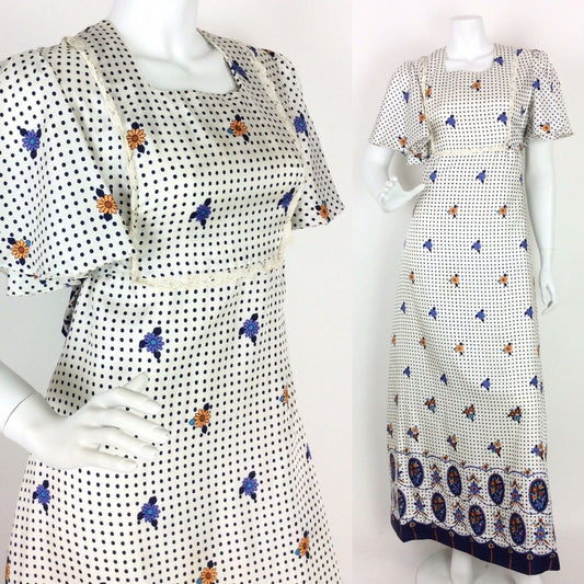 VINTAGE 60s 70s FLORAL POLKA DOT MAXI DRESS WHITE BLUE BLACK DITSY 10 12