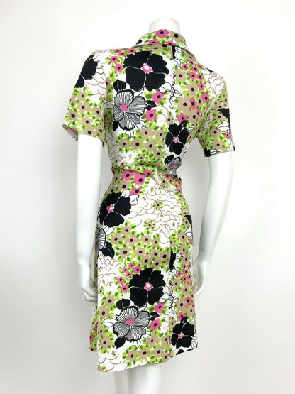 VTG 60s 70s BLACK WHITE PINK GREEN BEIGE PSYCHEDELIC FLORAL DITSY SHIRT DRESS 16