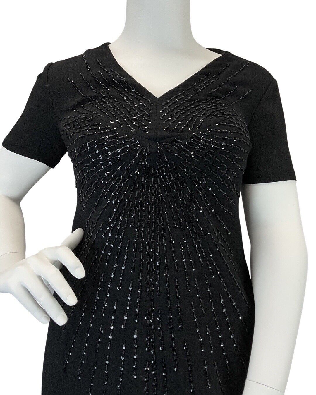 VINTAGE 60s 70s BLACK STARBURST BEADED SEQUINNED PARTY WOOL SHORT DRESS 14