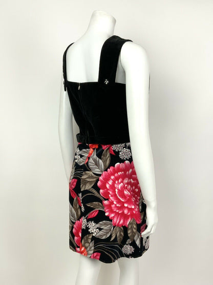 VINTAGE 60s 70s BLACK PINK RED GREY FLORAL VELVET PARTY SHORT DRESS 12 14