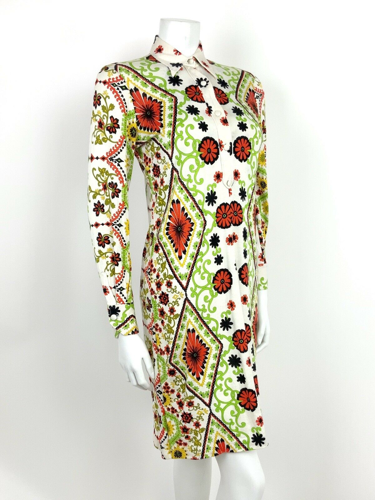 VINTAGE 60s 70s LIME GREEN ORANGE BLACK YELLOW WHITE PSCHEDELIC DRESS 8 10