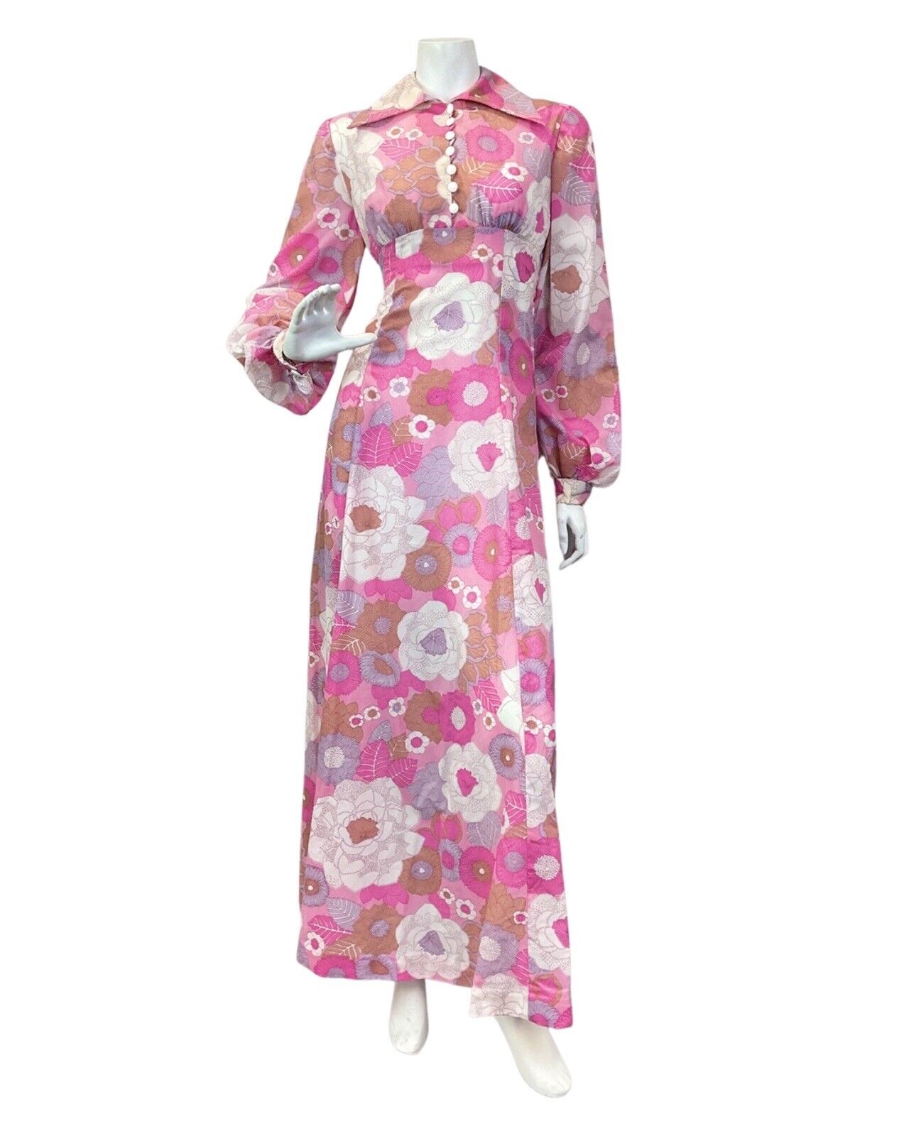 VINTAGE 60s 70s PINK PURPLE WHITE FLORAL PRAIRIE MOD WING COLLAR MAXI DRESS 8 10