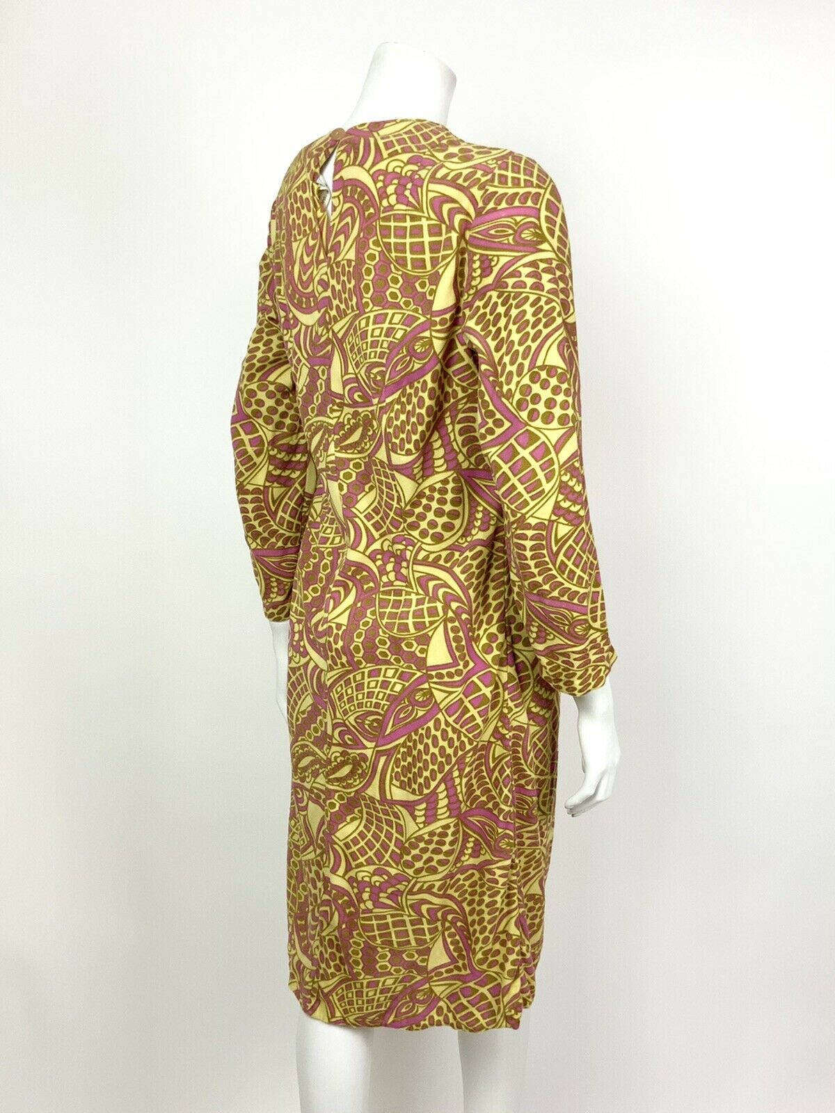 VINTAGE 60s 70s YELLOW PINK GOLD PSYCHEDELIC SWIRL EMPIRE LINE DRESS 12 14