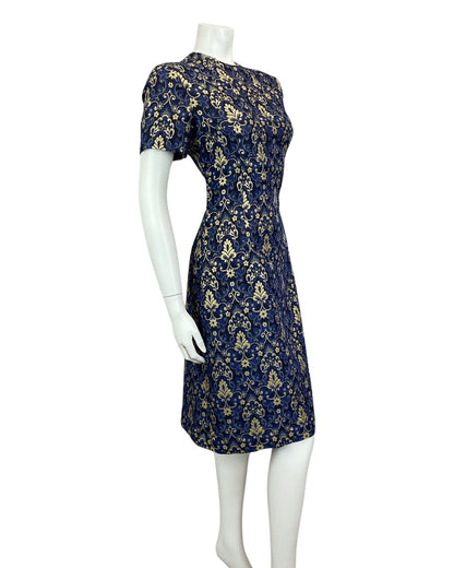 VINTAGE 60s 70s BLUE NAVY GOLD FLORAL MOD MINI PARTY CHRISTMAS EVENING DRESS 14