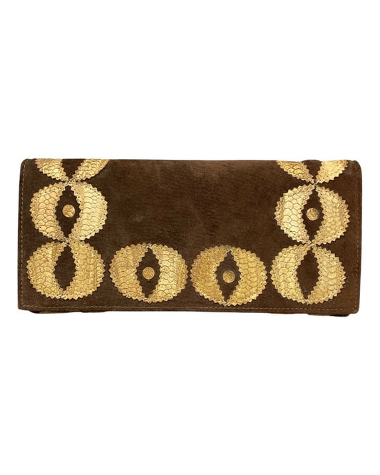 VINTAGE 60s 70s BROWN CREAM SUEDE LEATHER SNAKESKIN MOD CLUTCH BAG