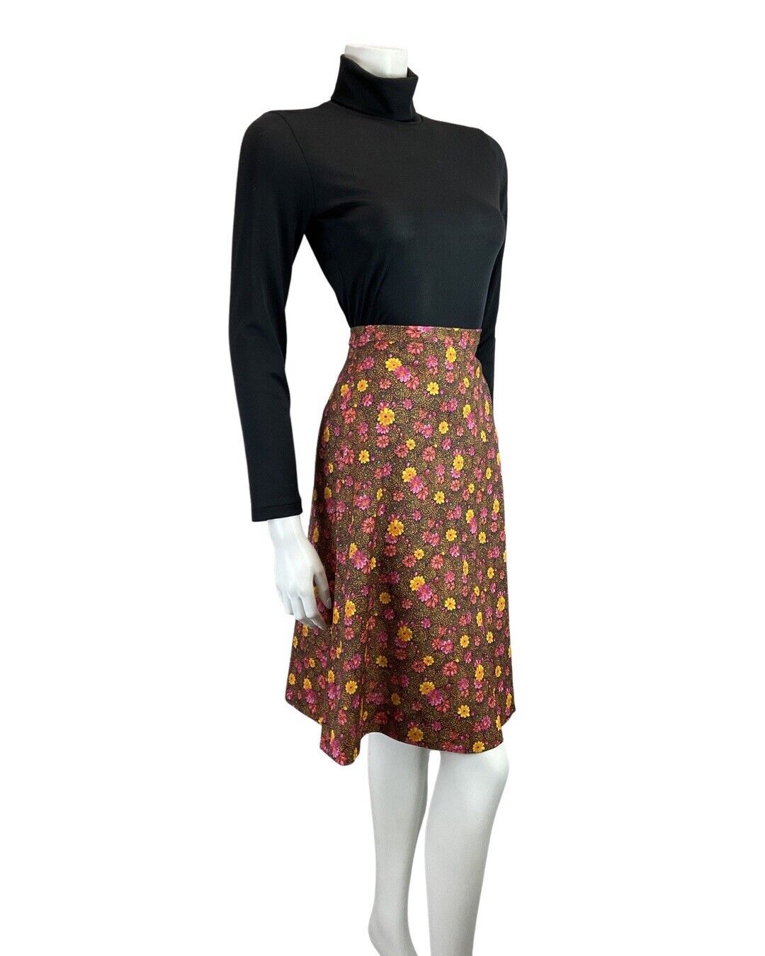 VINTAGE 60s 70s BROWN PINK YELLOW DOTTY FLORAL KNEE-LENGTH FLARED SKIRT 6