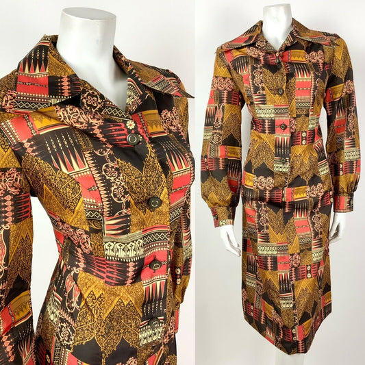 VINTAGE 60s 70s BROWN GOLD RED FLORAL ORNATE PSYCHEDELIC DAGGER SHIRT DRESS 14