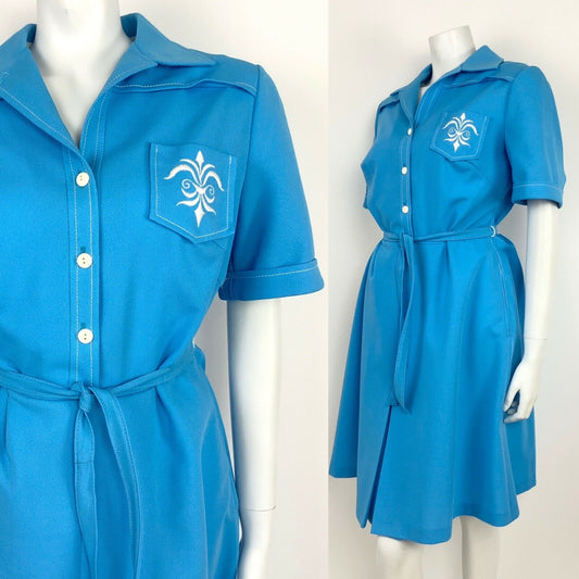 VINTAGE 60s 70s BLUE WHITE FLEUR DE LIS SHIRT WAIST BELTED DRESS SUMMER 14 16