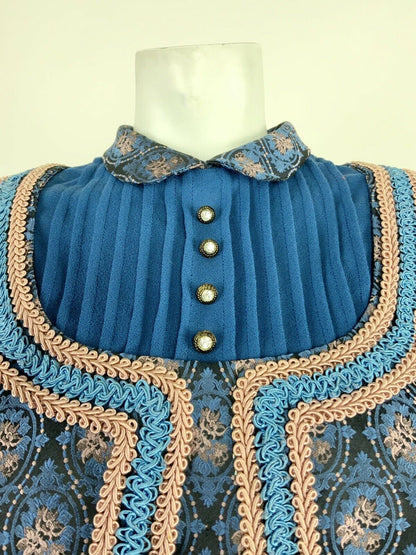 VTG 60s 70s FOLK BLUE PINK FLORAL BROCADE GLITTERY PETER PAN COLLAR DRESS 14 16