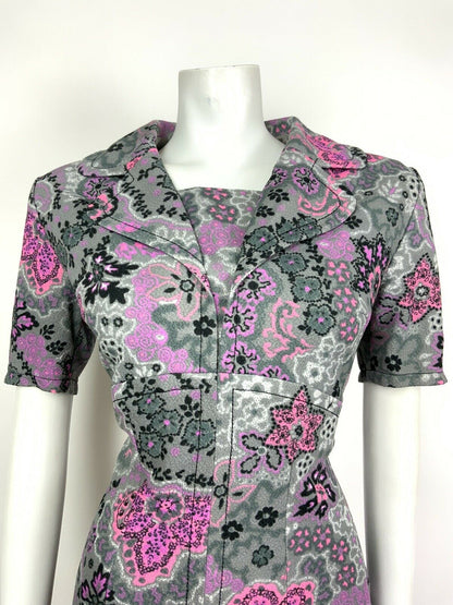 VINTAGE 60s 70s GREY PINK PURPLE BLACK PSYCHEDELIC FLORAL MIDI DRESS 12 14