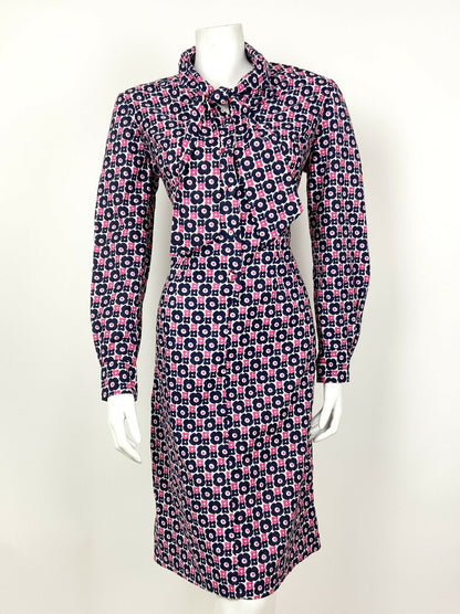 VTG 60s 70s WHITE BLUE PINK MOD FLOWER DAISY BOW SHIRT BOW TIE NECK DRESS 12 14