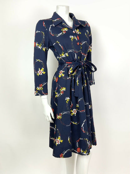 VINTAGE 60s 70s BLUE RED YELLOW FLORAL DAGGER COLLAR BELTED SHIRT DRESS 12 14