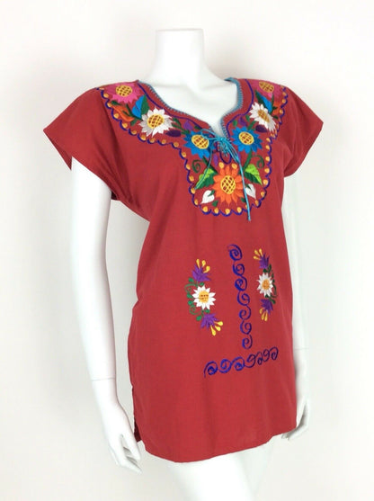 VTG 70s MEXICAN PEASANT TOP BLOUSE RED BLUE GREEN PINK FLORAL EMBROIDERY 10 12