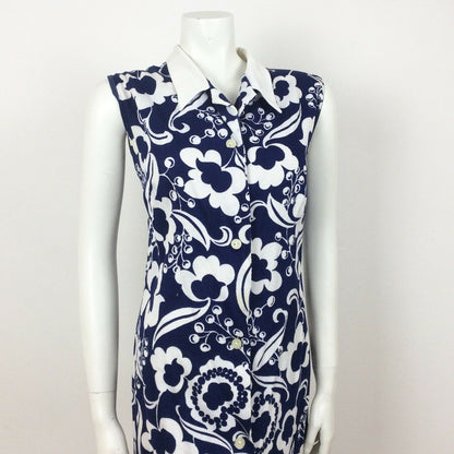 60S VINTAGE COTTON BLUE WHITE FLORAL PATTERN MINI DRESS 14 16