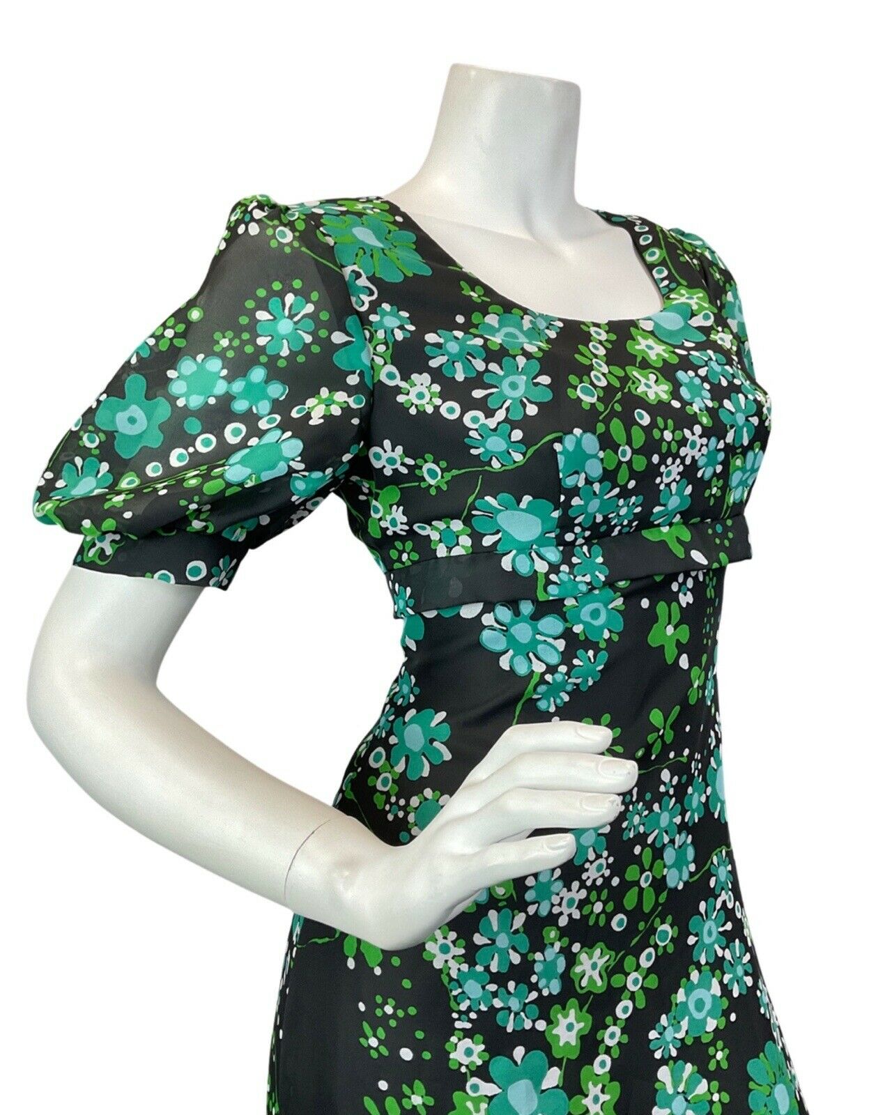 VINTAGE 60s 70s BLACK GREEN DAISY FLOWER PUFF SLEEVE MOD MAXI DRESS 10