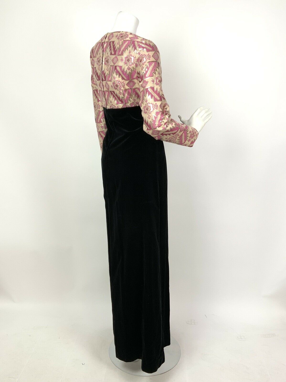 VINTAGE 60s 70s BLACK PINK GOLD SILVER GEOMETRIC AZTEC VELVET MAXI DRESS 12