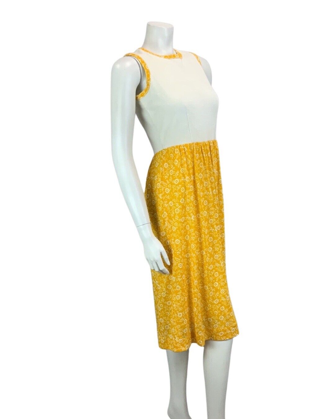 VTG MUSTARD YELLOW WHITE FLORAL PRINT TWO PIECE JACKET DRESS 60s 70s 10