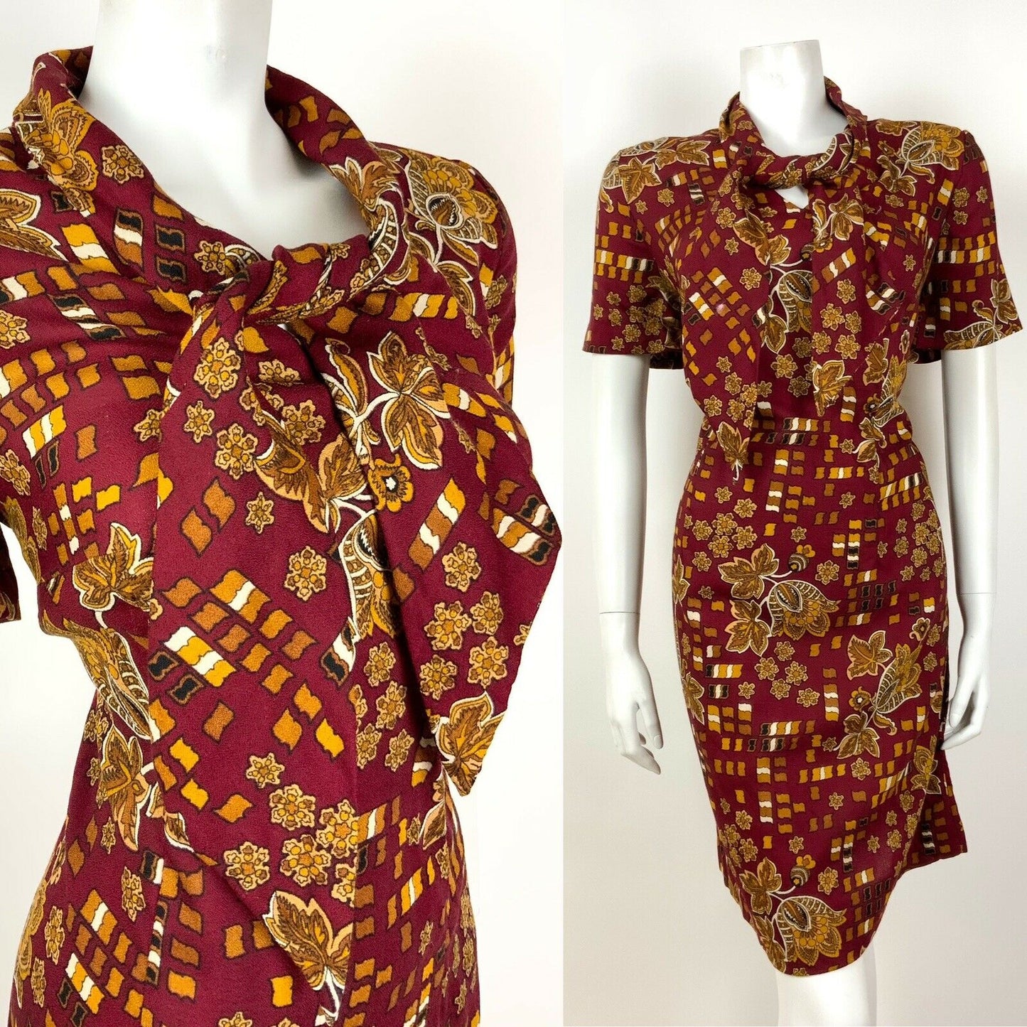 VINTAGE 60s 70s RED BROWN GOLD BLACK FLORAL PAISLEY SQUARE SHIFT DRESS 14 16